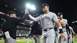 Aaron Judge #99 of the New York Yankees celebrates after the game.