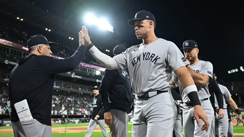 Aaron Judge #99 of the New York Yankees celebrates after the game.