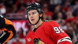 Connor Bedard #98 of the Chicago Blackhawks at United Center.