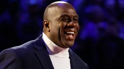 Earvin "Magic" Johnson reacts after being introduced as part of the NBA 75th Anniversary Team.