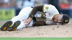 Jason Adam grimaces in pain after huring himself on September 01, 2025 in San Diego, California.