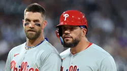 Bryce Harper and Kyle Schwarber look on vs the White Sox on July 29, 2025 in Chicago, Illinois.