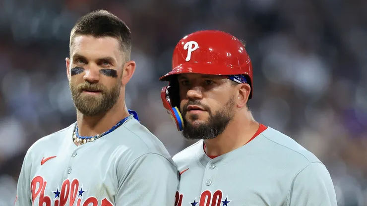 Bryce Harper and Kyle Schwarber look on vs the White Sox on July 29, 2025 in Chicago, Illinois.