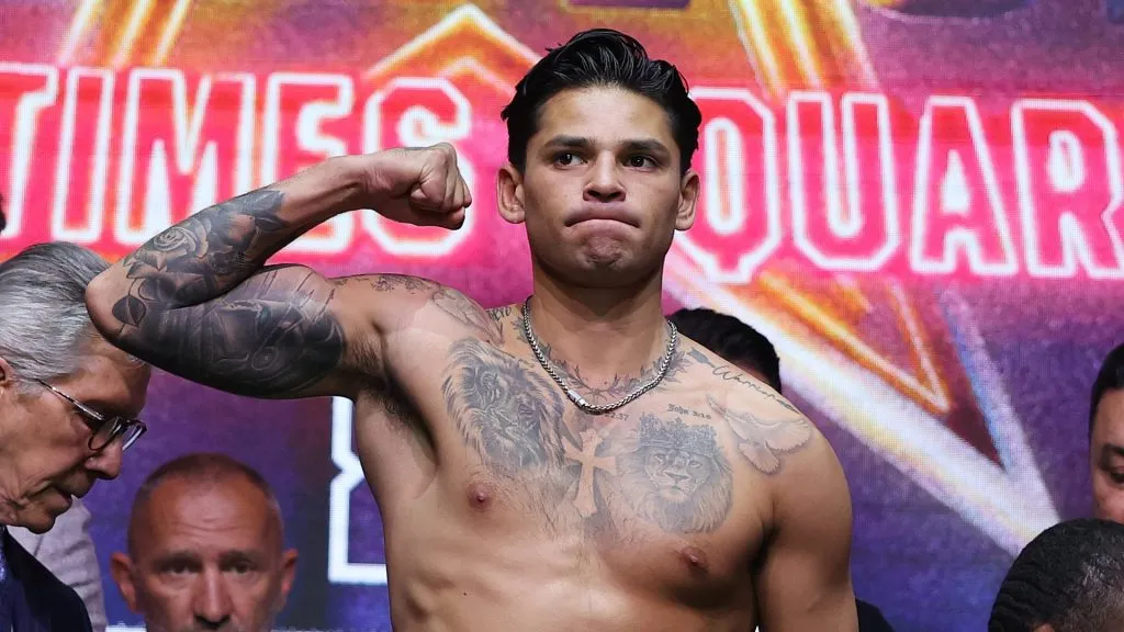 : Ryan Garcia weighs in for his welterweight bout against Rolando “Rolly” Romero. (Photo by Al Bello/Getty Images)