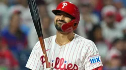 Nick Castellanos #8 of the Philadelphia Phillies reacts after striking out.