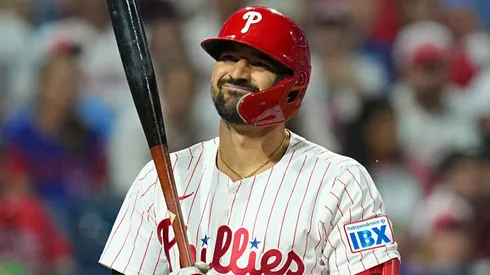 Nick Castellanos #8 of the Philadelphia Phillies reacts after striking out.