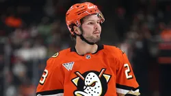 Mason McTavish #23 of the Anaheim Ducks skates with the puck.