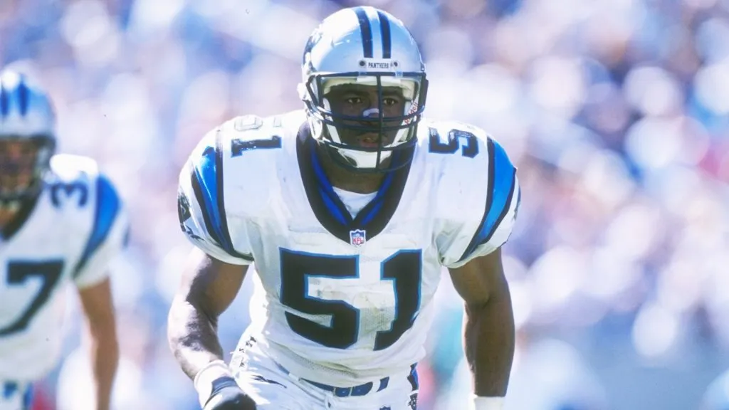 Sam Mills of the Carolina Panthers warms up before a game against the San Francisco 49ers in 1996. (Source: Doug Pensinger /Allsport)