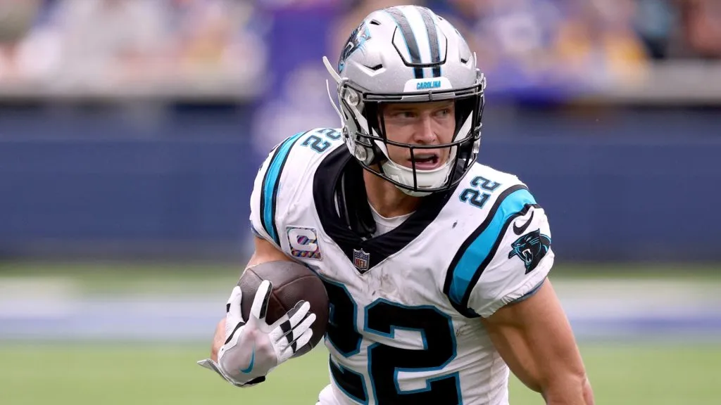 Christian McCaffrey #22 of the Carolina Panthers runs after his catch during a 24-10 loss to the Los Angeles Rams in 2022. (Source: Harry How/Getty Images)
