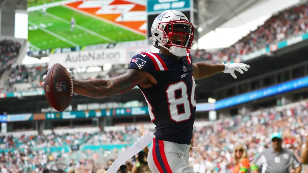 Kendrick Bourne #84 of the New England Patriots celebrates a receiving touchdown