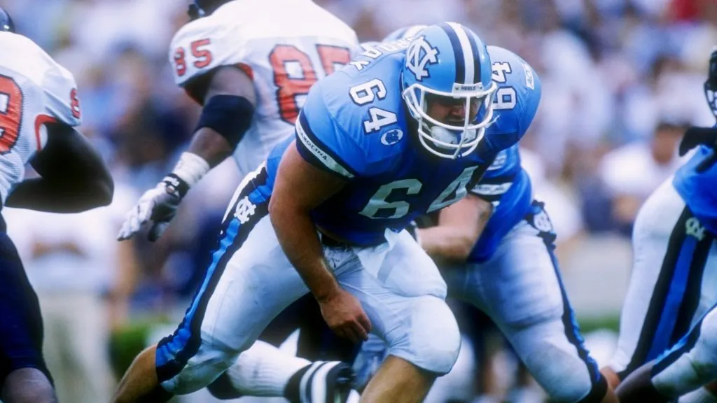 Jeff Saturday #64 of North Carolina in action during the Tar Heels 48-20 win over the Virginia Cavaliers in 1997. (Source: Doug Pensinger /Allsport)
