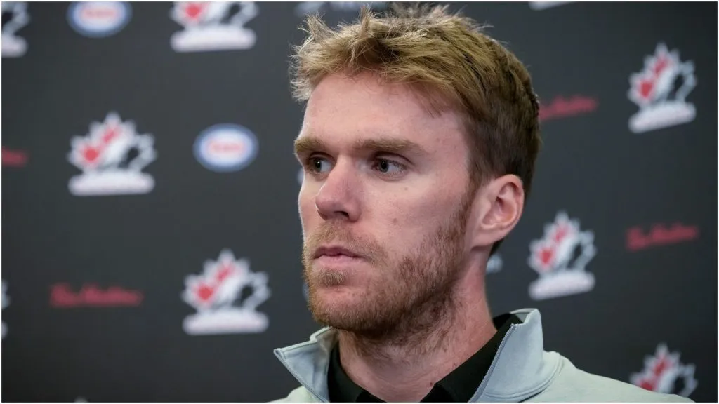 Connor McDavid speaks with reporters