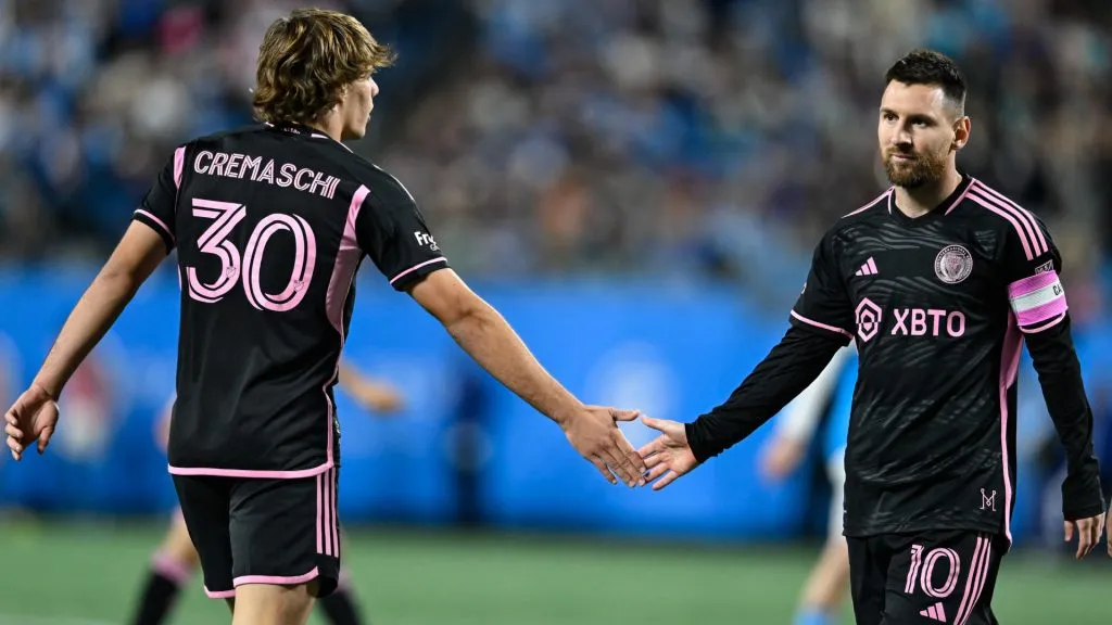 Lionel Messi and Benjamin Cremaschi during a match against Charlotte FC. (Matt Kelley/Getty Images)