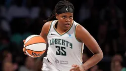 Jonquel Jones #35 of the New York Liberty in action against the Chicago Sky during the first half in 2025.