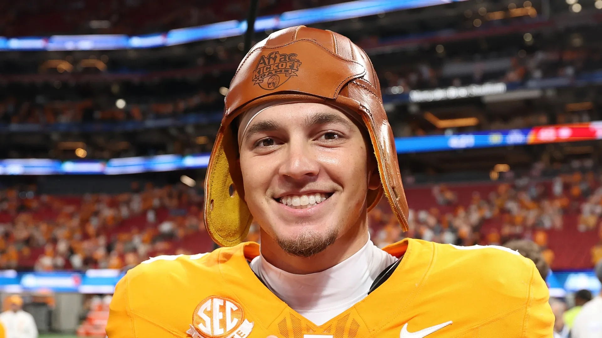 Joey Aguilar wearing the old leather helmet