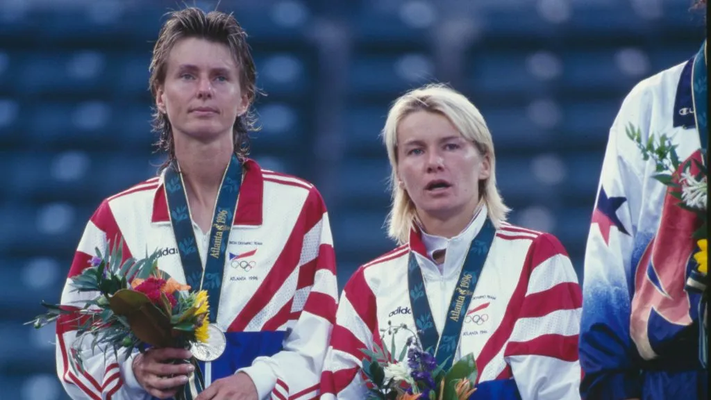 Helena Sukova and Jana Novotna after the finals of the tennis Women’s Doubles at the Olympic Games in Atlanta. (Gary M. Prior/Getty Images)