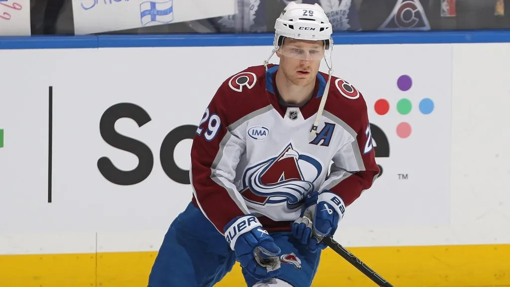 Nathan McKinnon warms up prior to playing against the Leafs in an NHL game. (Photo by Claus Andersen/Getty Images)