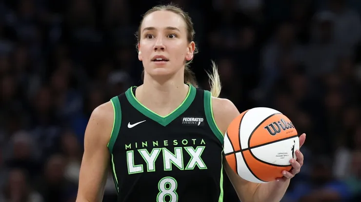 Alanna Smith #8 of the Minnesota Lynx dribbles up the court in the second quarter against the Dallas Wings in 2025.
