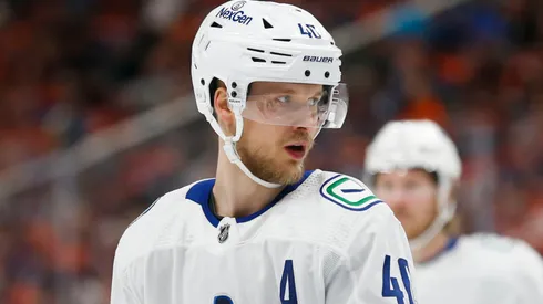Elias Pettersson #40 of the Canucks skates vs. Oilers in the 2024 Stanley Cup Playoffs.