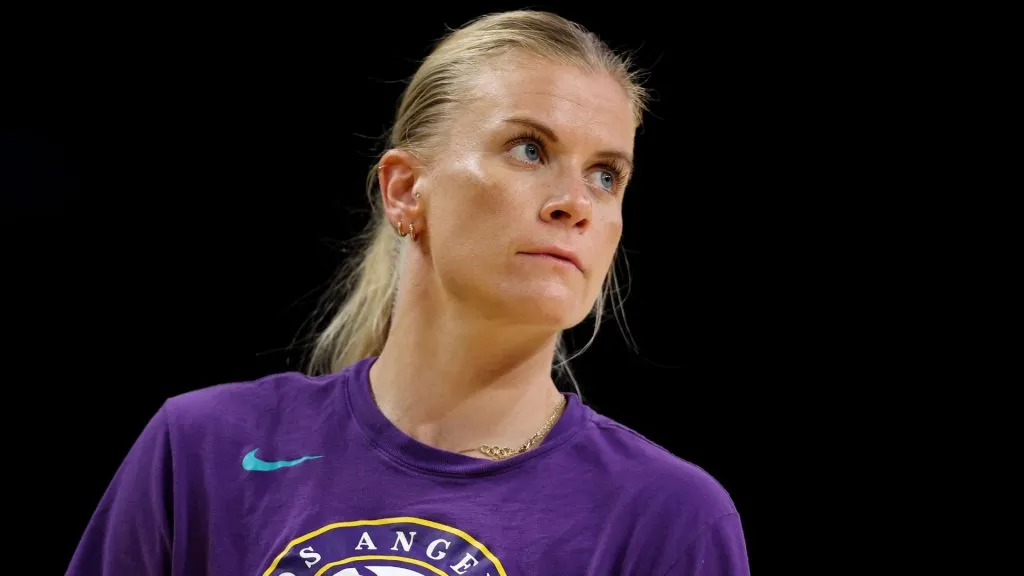 Julie Vanloo #35 of the Los Angeles Sparks looks on before the game against the Las Vegas Aces in 2025. (Source: Luke Hales/Getty Images)