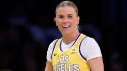 Julie Vanloo #35 of the Los Angeles Sparks reacts to a possession call to the Indiana Fever during a 76-75 Indiana Fever win in 2025.