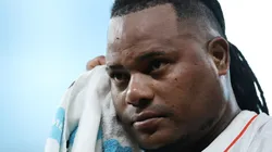 Framber Valdez #59 of the Houston Astros prepares for a game against the New York Yankees.