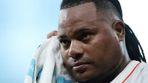 Framber Valdez #59 of the Houston Astros prepares for a game against the New York Yankees.