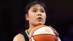 Li Yueru #28 of the Dallas Wings shoots a free throw during the first half of a game against the Las Vegas Aces in 2025.