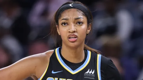 Angel Reese of the Chicago Sky look on against the Las Vegas Aces.