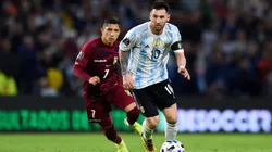 Lionel Messi of Argentina controls the ball during a game against Venezuela.