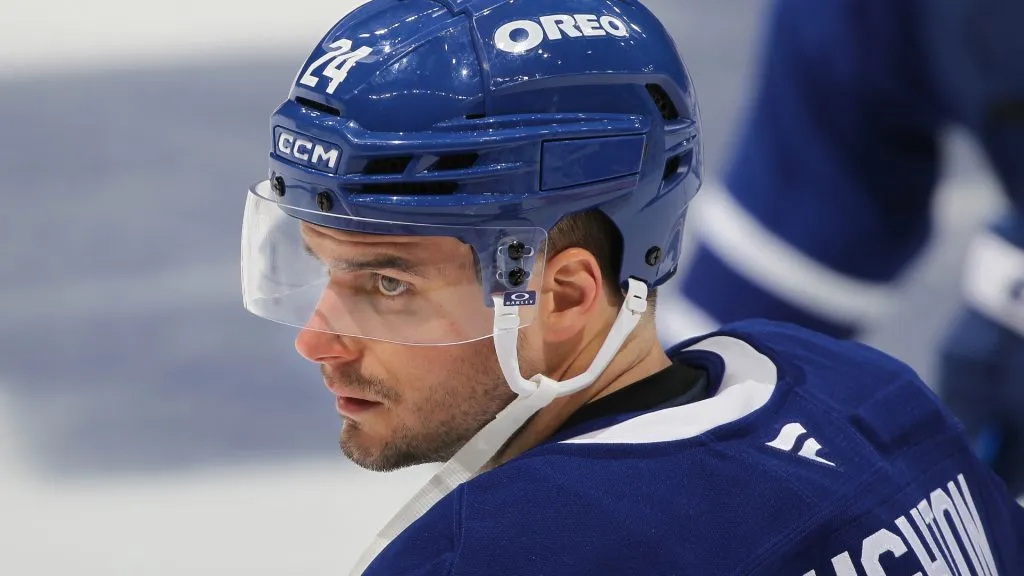 Scott Laughton (#24) of the Maple Leafs warms up ahead of an NHL game. (Photo by Claus Andersen/Getty Images)