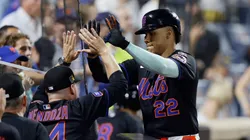Juan Soto #22 of the New York Mets celebrates his fourth inning solo home run.