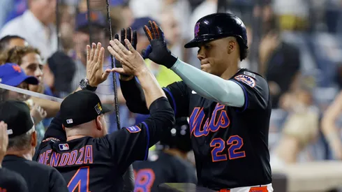 Juan Soto #22 of the New York Mets celebrates his fourth inning solo home run.