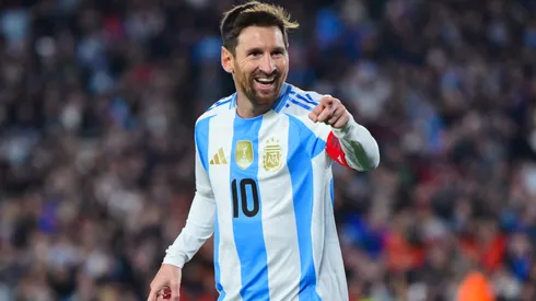 Lionel Messi of Argentina celebrates after scoring the team's third goal against Venezuela.