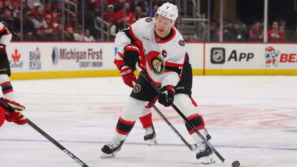 Brady Tkachuk #7 of the Ottawa Senators skates with the puck. (Photo by Gregory Shamus/Getty Images)