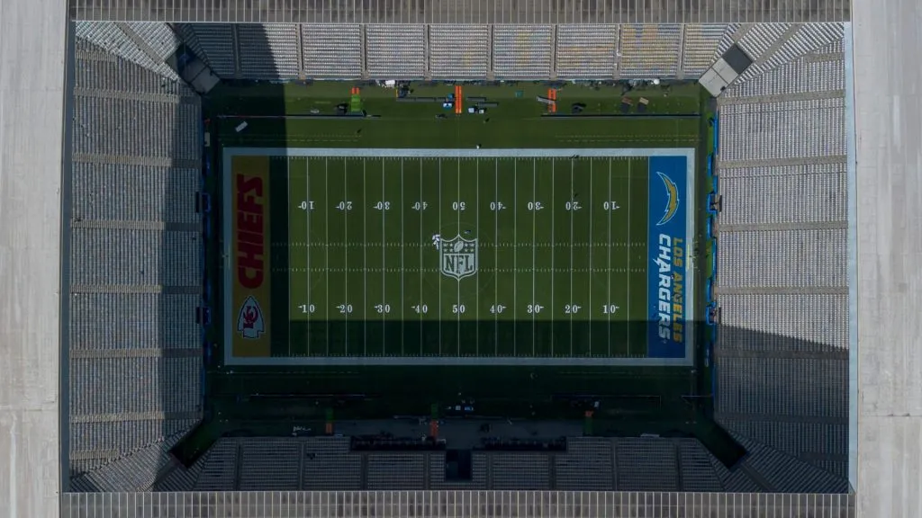 An aerial view of the Neo Quimica Arena stadium before the NFL Game Chiefs and Chargers on September 04, 2025. (Source: Miguel Schincariol/Getty Images)