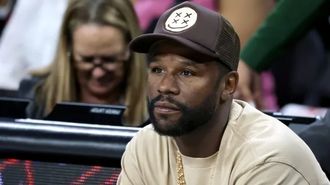 Floyd Mayweather Jr. is set to face Mike Tyson in a historic exhibition bout scheduled for spring 2026. (Photo by Ethan Miller/Getty Images)