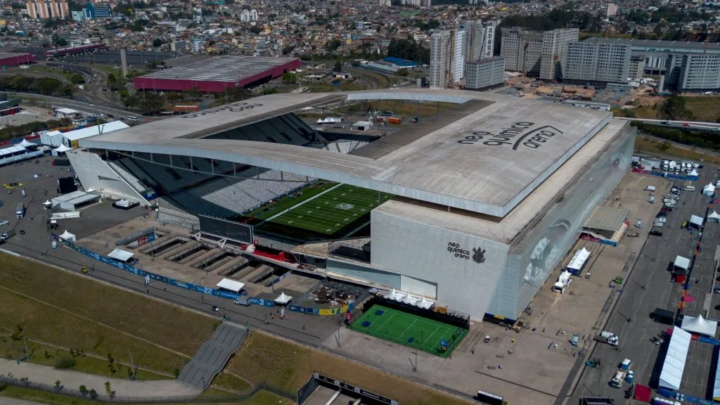An aerial view of the Neo Quimica Arena stadium before the NFL Game Chiefs and Chargers on September 04, 2025. (Source: Miguel Schincariol/Getty Images)