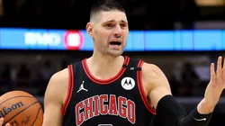 Nikola Vucevic #9 of the Chicago Bulls reacts against the Charlotte Hornets.