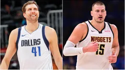 Dirk Nowitzki #41 of the Dallas Mavericks and Nikola Jokic #15 of the Denver Nuggets.