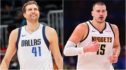 Dirk Nowitzki #41 of the Dallas Mavericks and Nikola Jokic #15 of the Denver Nuggets.