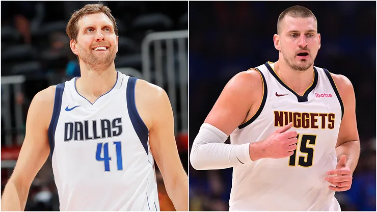Dirk Nowitzki #41 of the Dallas Mavericks and Nikola Jokic #15 of the Denver Nuggets.