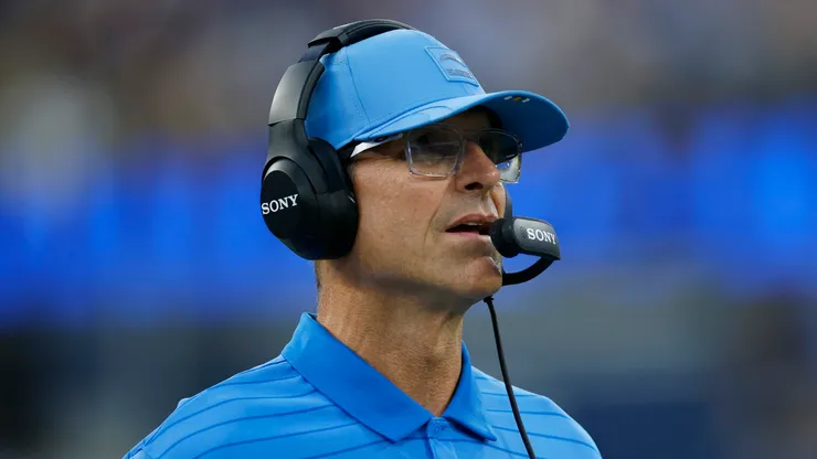 Jim Harbaugh during a Chargers preseason loss on August 16, 2025 in Inglewood.