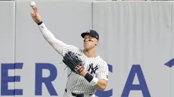 Aaron Judge throws the ball back afte a double by Daulton Varsho on September 05, 2025 in New York City.