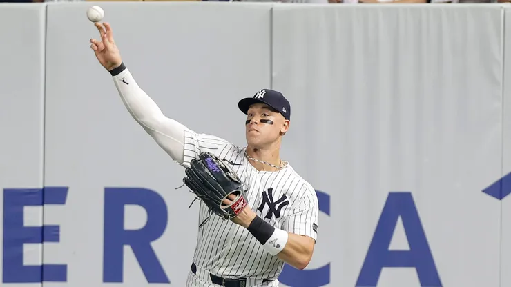 Aaron Judge throws the ball back afte a double by Daulton Varsho on September 05, 2025 in New York City.