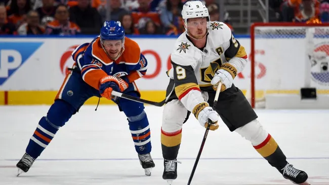 Jack Eichel sjate with the puck for the Golden Knights during the 2024–25 season. (Photo by Leila Devlin/Getty Images)
