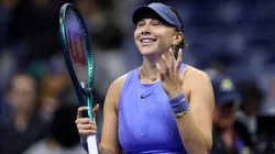 Amanda Anisimova celebrates after defeating Naomi Osaka in the US Open semifinal.