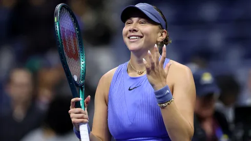 Amanda Anisimova celebrates after defeating Naomi Osaka in the US Open semifinal.