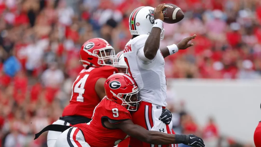 Parson of Austin Peay is hit by Cole of Georgia
