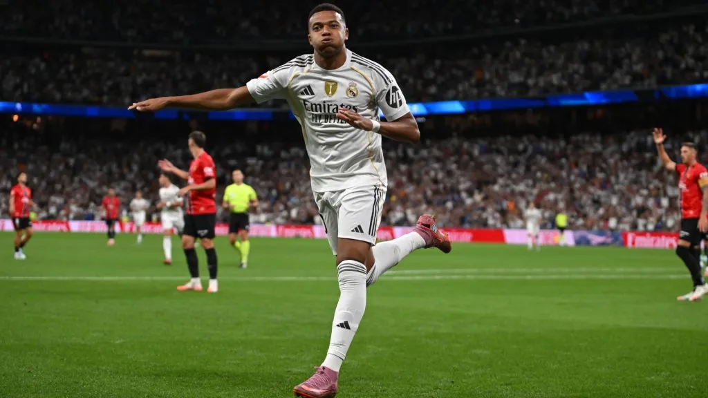 Kylian Mbappe celebrates after scoring for Real Madrid. (Denis Doyle/Getty Images)